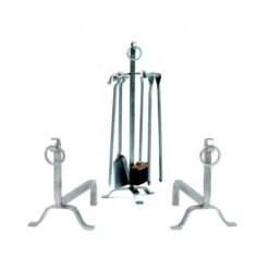 Ensemble Serviteur Et Chenets Tête Anneau Fer Forgé