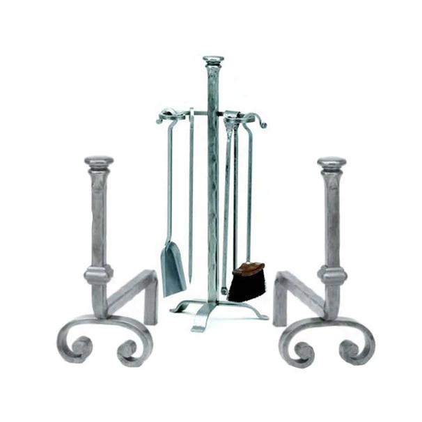 Ensemble Serviteur Et Chenets Tête Aplatie Fer Forgé 1 Ensemble Serviteur Et Chenets Tête Aplatie Fer Forgé