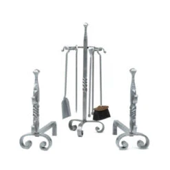 Ensemble Serviteur Et Chenets Tête Pointe Diamant Fer Forgé